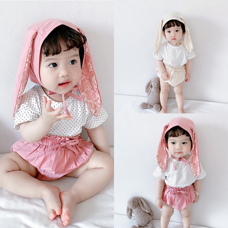 Set Áo Thun Chấm Bi + Quần Short + Mũ Tai Thỏ Dễ Thương Cho Bé Sơ Sinh