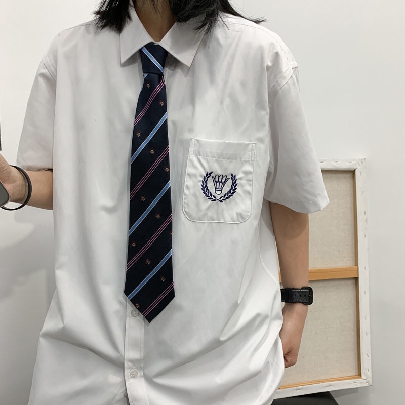 Áo Sơ Mi Trắng Dài Tay Phối Cà Vạt Thêu Họa Tiết Phong Cách Học Sinh