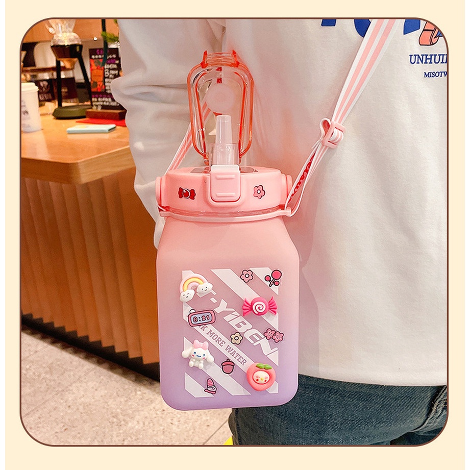 Bình Nước 1.5 Lít Tặng Sticker Dành Cho Người Lười Uống Nước Bình Nước Cute Có ống Hút, Vạch Chia Nhắc Giờ @SKVN