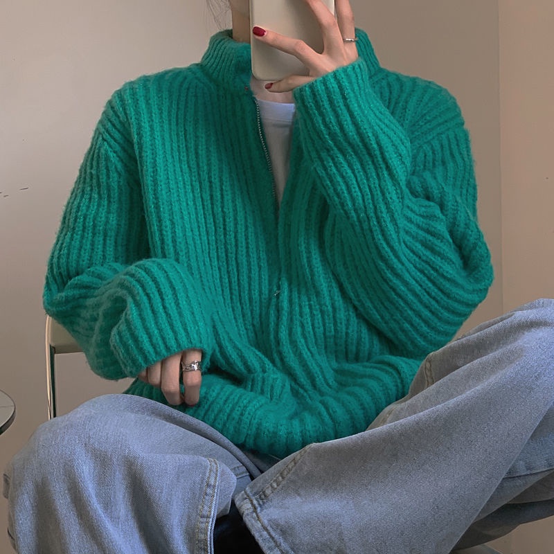Áo khoác Cardigan dệt kim cổ cao phong cách Hàn Quốc cho nữ