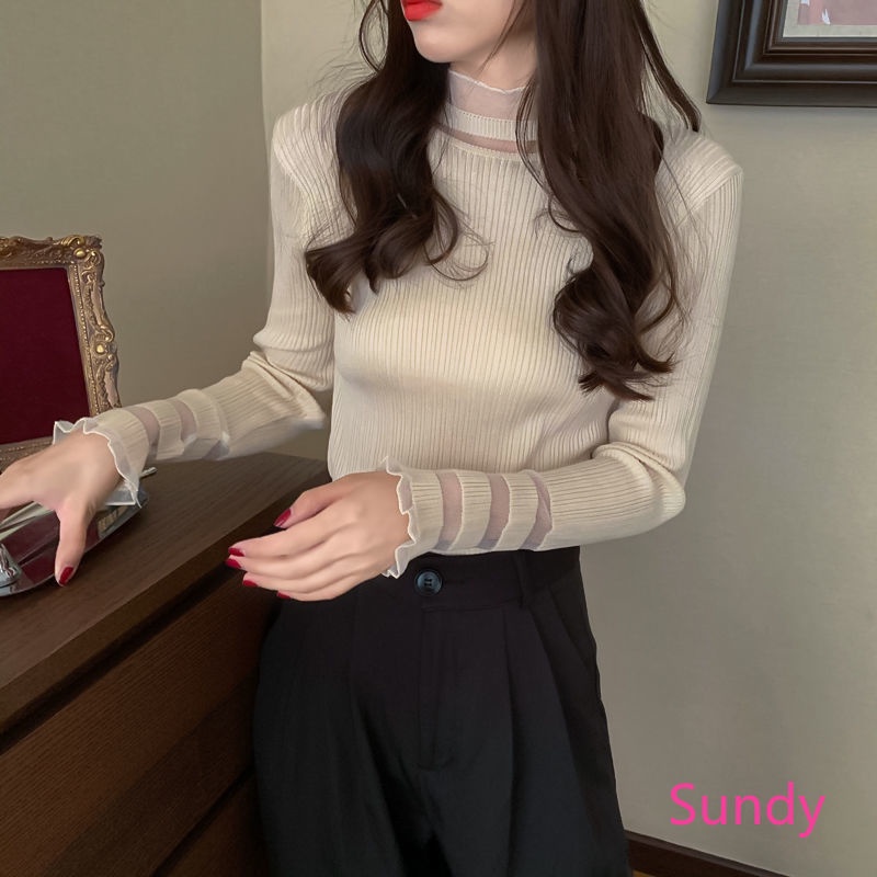 Women's Long-sleeved Autumn Fashion Mesh Stitching Knitted Shirt