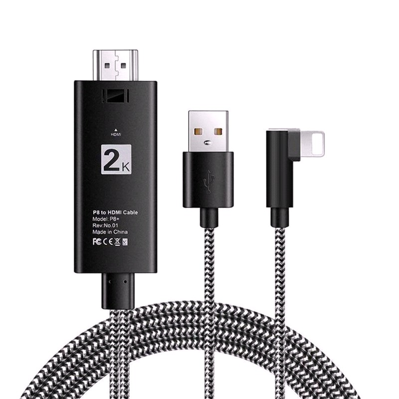 Cáp Chuyển Đổi Tín Hiệu Từ Iphone Sang Tivi Lightning to HDMI 2K Dây Dù Bẻ Góc 90 Độ Dài 2m Cao Cấp