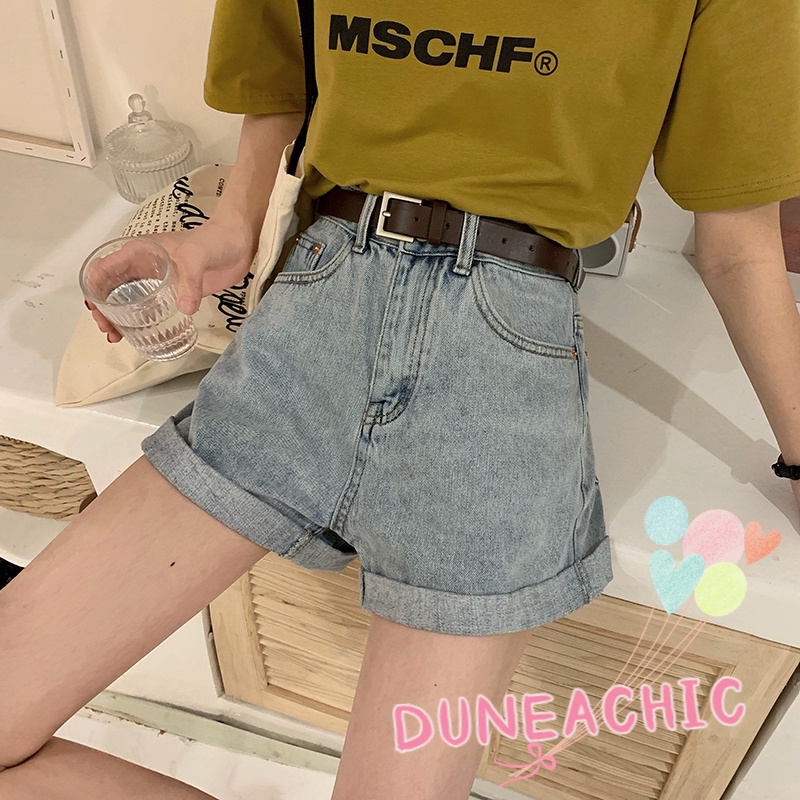 DUNEA Quần Short Denim Lưng Cao Ống Rộng Thời Trang Cá Tính Cho Nữ