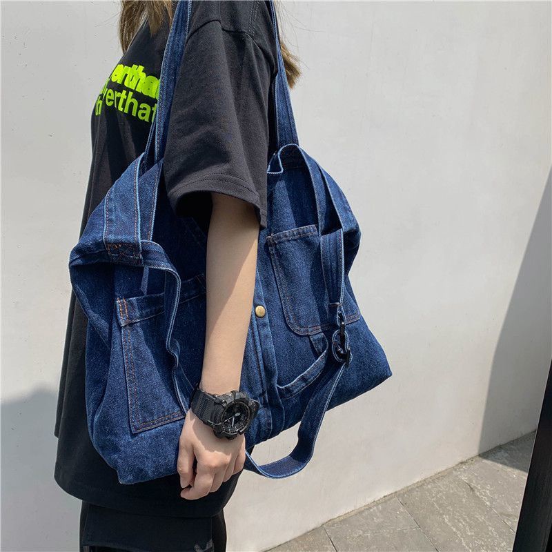 Túi Xách Đeo Vai Vải Denim Cỡ Lớn Có Khóa Kéo Phong Cách Hàn Quốc Cho Nữ