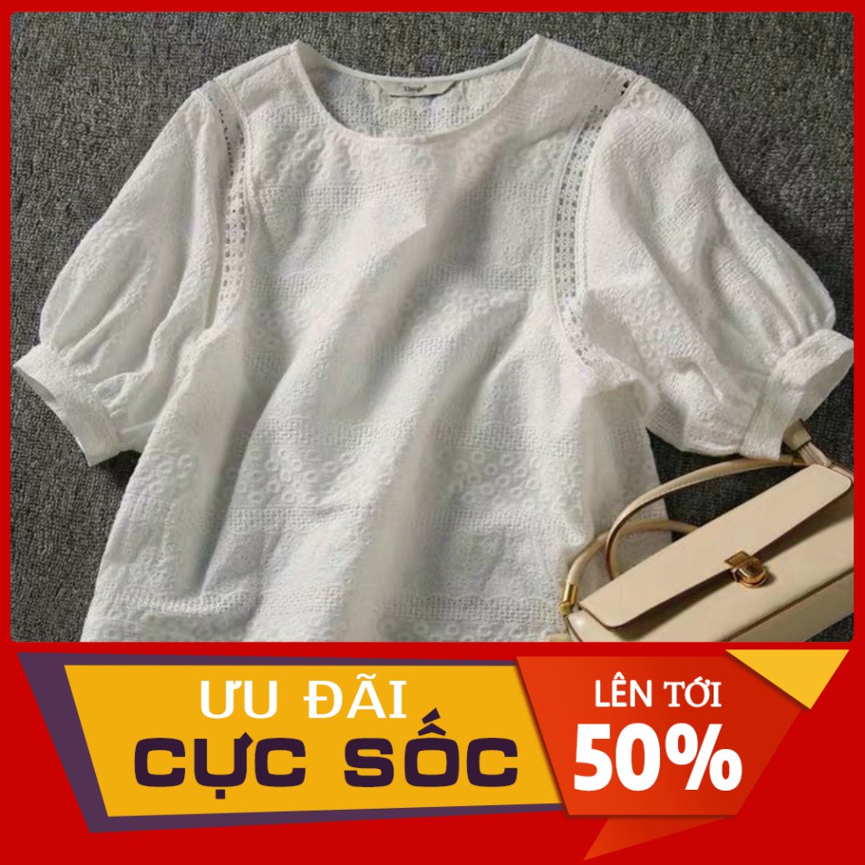 Áo Sơ Mi Cổ Tròn Dáng Xòe Tay Ren Ngắn Bèo Ngực Chữ U Họa Tiết Ren Thêu Hoa Nhí kèm video+ảnh thật aosominuhot | BigBuy360 - bigbuy360.vn
