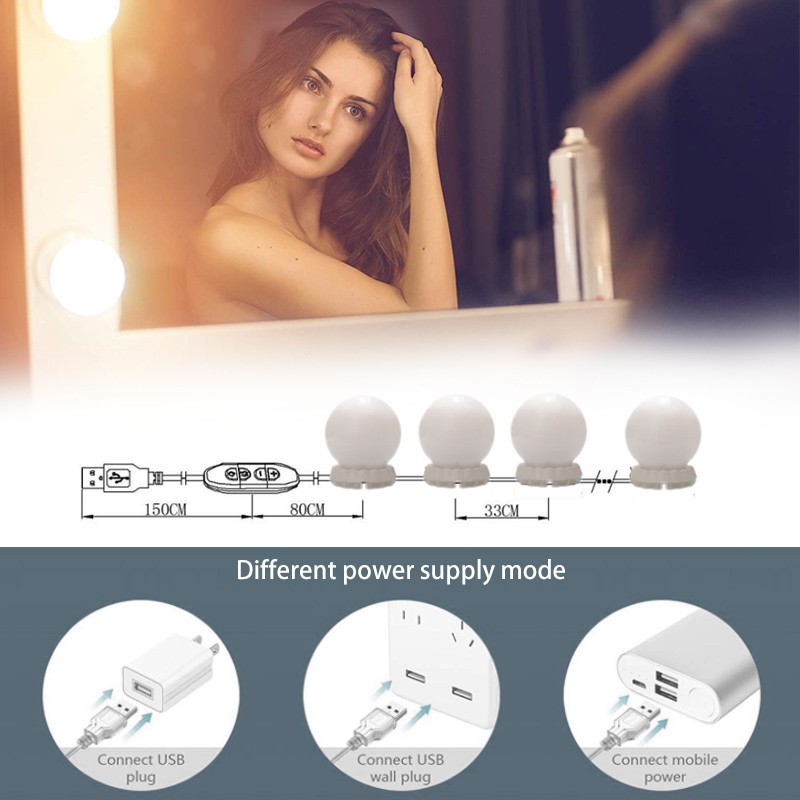 Đèn Gương USB 10 LED Bóng Đèn Trang Điểm Gắn Trước Gương Cực Sáng Trang Điểm Hollywood Sạc USB Có Miếng Dán Kèm Theo