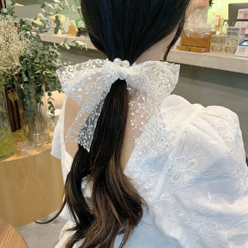 Cột tóc nơ - Dây buộc tóc ngọc trai nhân tạo đính nơ ren nữ tính ZAZA BN009