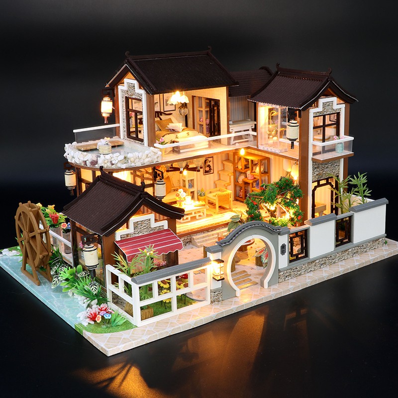 Mô hình nhà DIY Doll House Dream in Ancient Town Kèm Mica Chống bụi, Bộ dụng cụ, Keo dán và Bộ phát nhạc