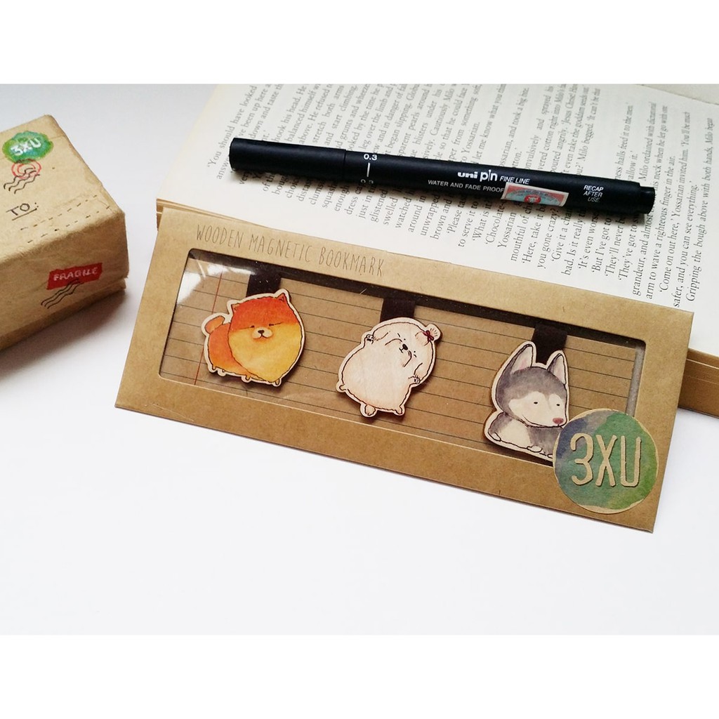 Set 3 Bookmark Gỗ Nam Châm Chó Husky