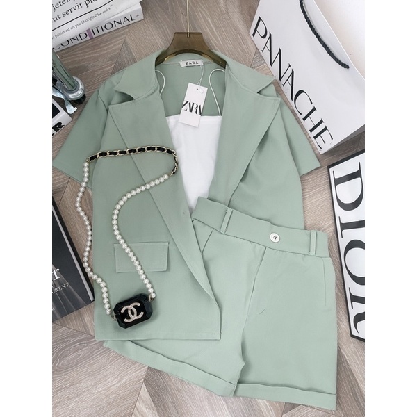 [ 𝐅𝐑𝐄𝐄 𝐒𝐇𝐈𝐏 ] SÉT VEST XANH QUẦN SOOC 3 MÓN Ạ . CHẤT CHÉO THÁI MẶC LÊN ĐỨNG FORM LẮM Ạ