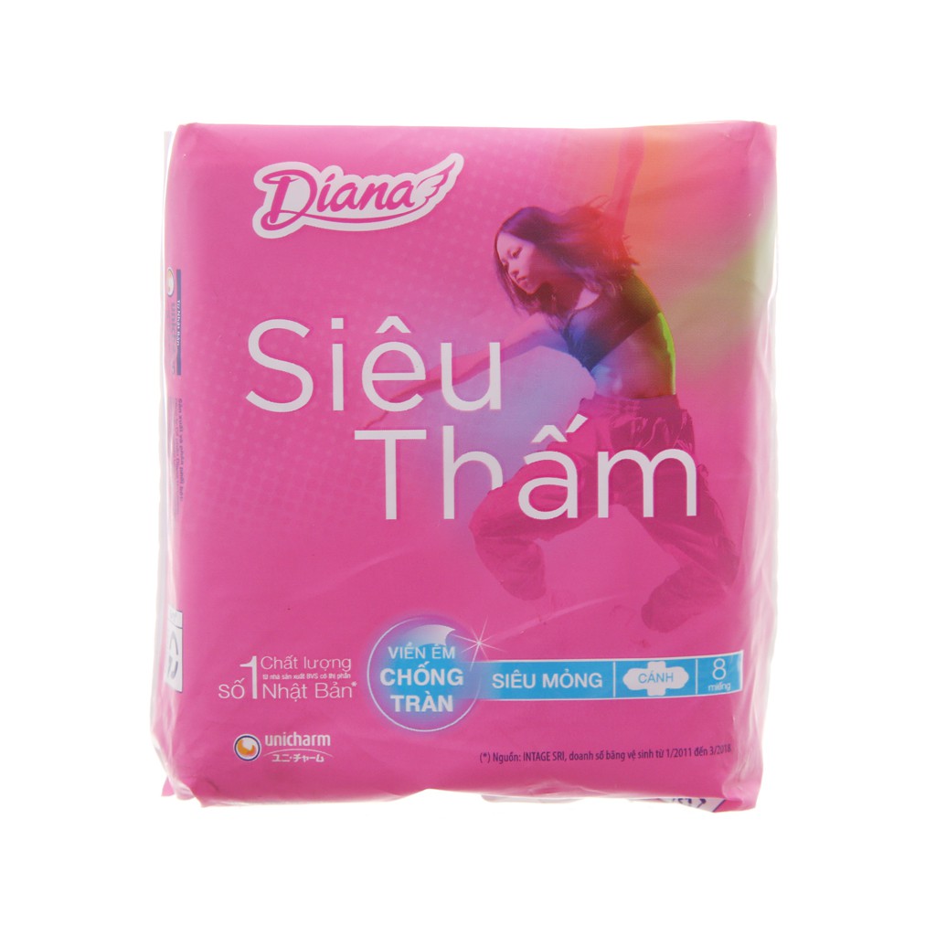 Băng Vệ Sinh Diana Siêu Thấm Siêu Mỏng Có Cánh Gói 8 Miếng
