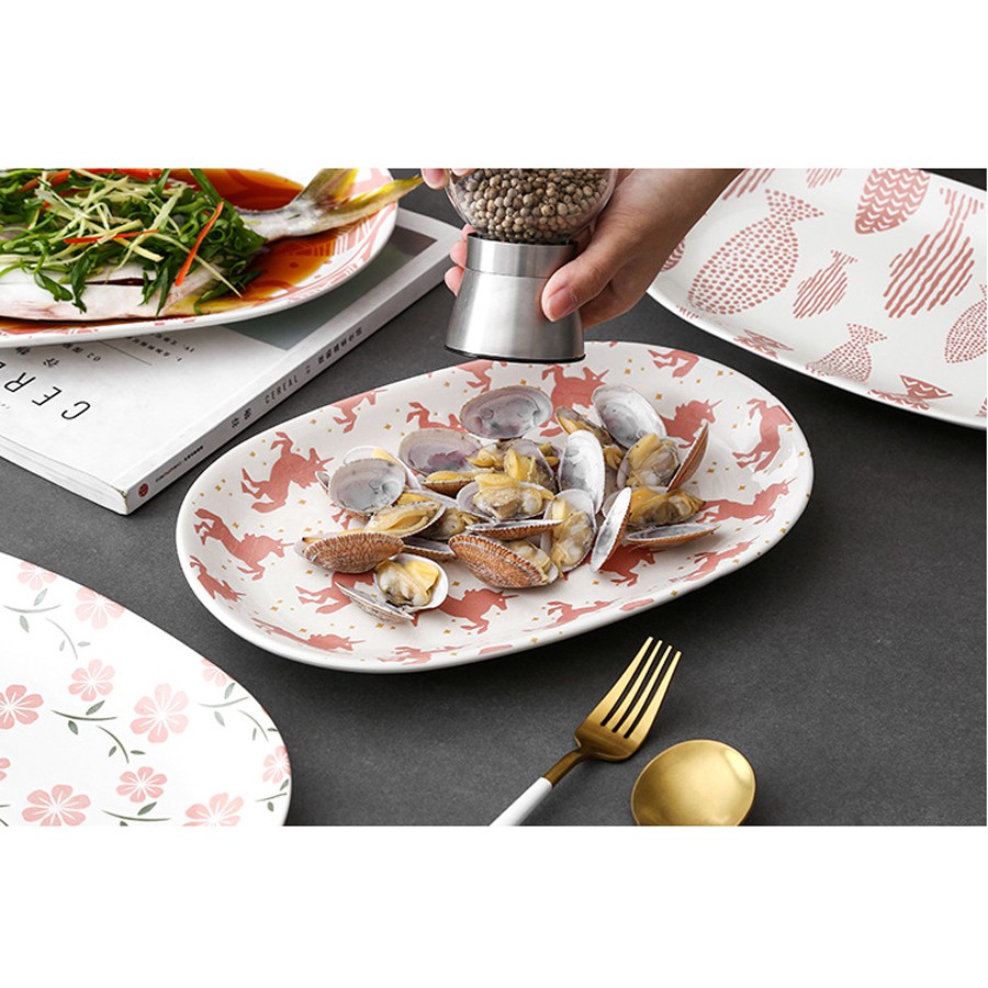 Đĩa sứ trang trí bàn ăn, đĩa than bầu dục tráng men 2 lớp cao cấp dày dặn sang trọng