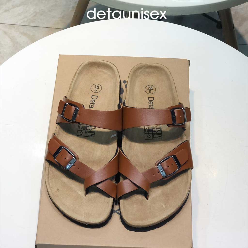 Dép văn phòng xỏ ngón nam nữ đế trấu Birken DETAUNISEX màu Bò - DETA22