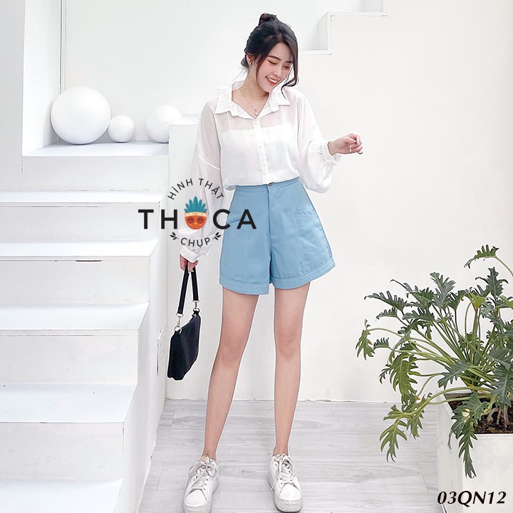 Quần short kaki túi xéo cạp cao viền chỉ xanh THOCA HOUSE xinh xắn và năng động cho nàng đi chơi