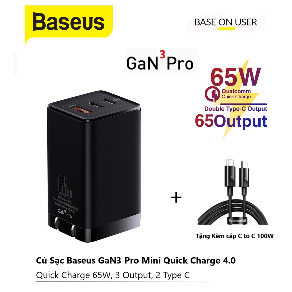 Bộ sạc nhanh Baseus GaN3 Pro Quick Charger 65W (Kèm cáp sạc C to C 100W) Phiên bản 2022