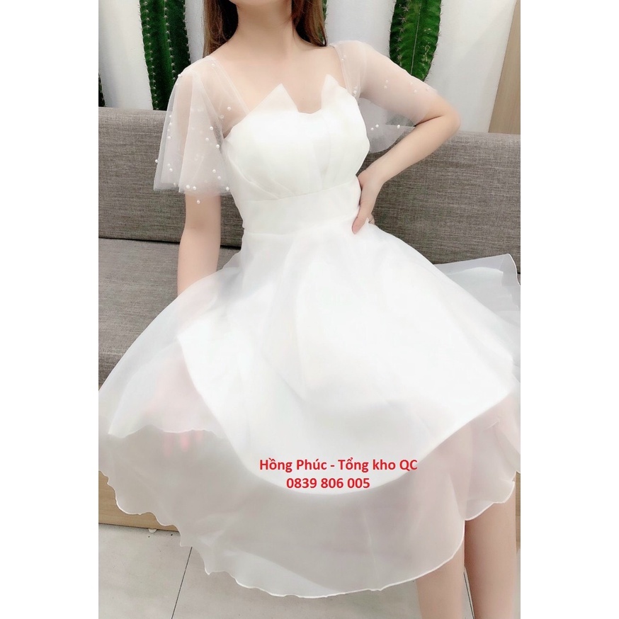 Váy công chúa trắng dự tiệc cổ V Siêu dễ thương phong cách tiểu thư trẻ chung thiết kế đi tiệc ,cưới....