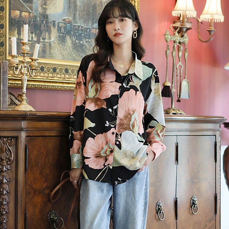 Áo Sơ Mi Voan Tay Dài Dáng Rộng In Họa Tiết Hoa Thanh Lịch Phong Cách Retro Cho Nữ