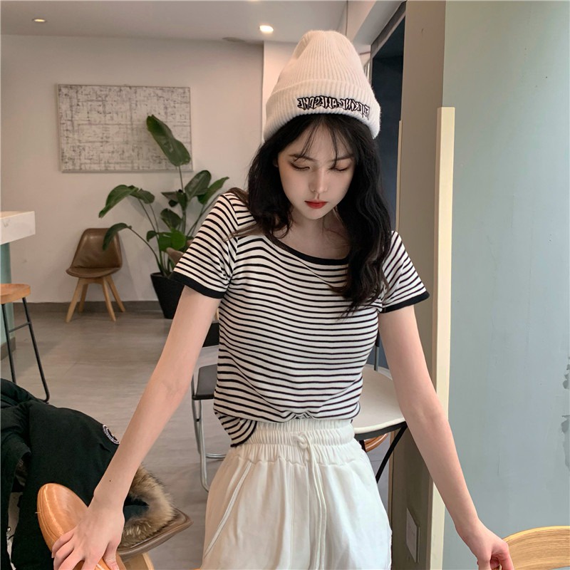 Áo Thun Dệt Kim Ngắn Tay Cổ Vuông Kẻ Sọc Cá Tính Thời Trang