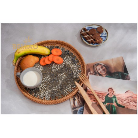 Khay TRòn Khảm trai MIX Mây tre Đan hoa văn bắt mắt