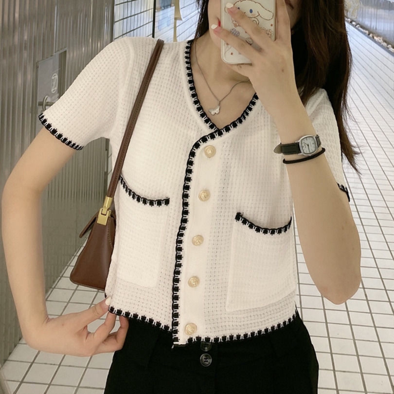 Áo cardigan dệt mỏng tay ngắn dáng rộng phong cách Hàn Quốc sang trọng thời trang dễ phối đồ cho nữ