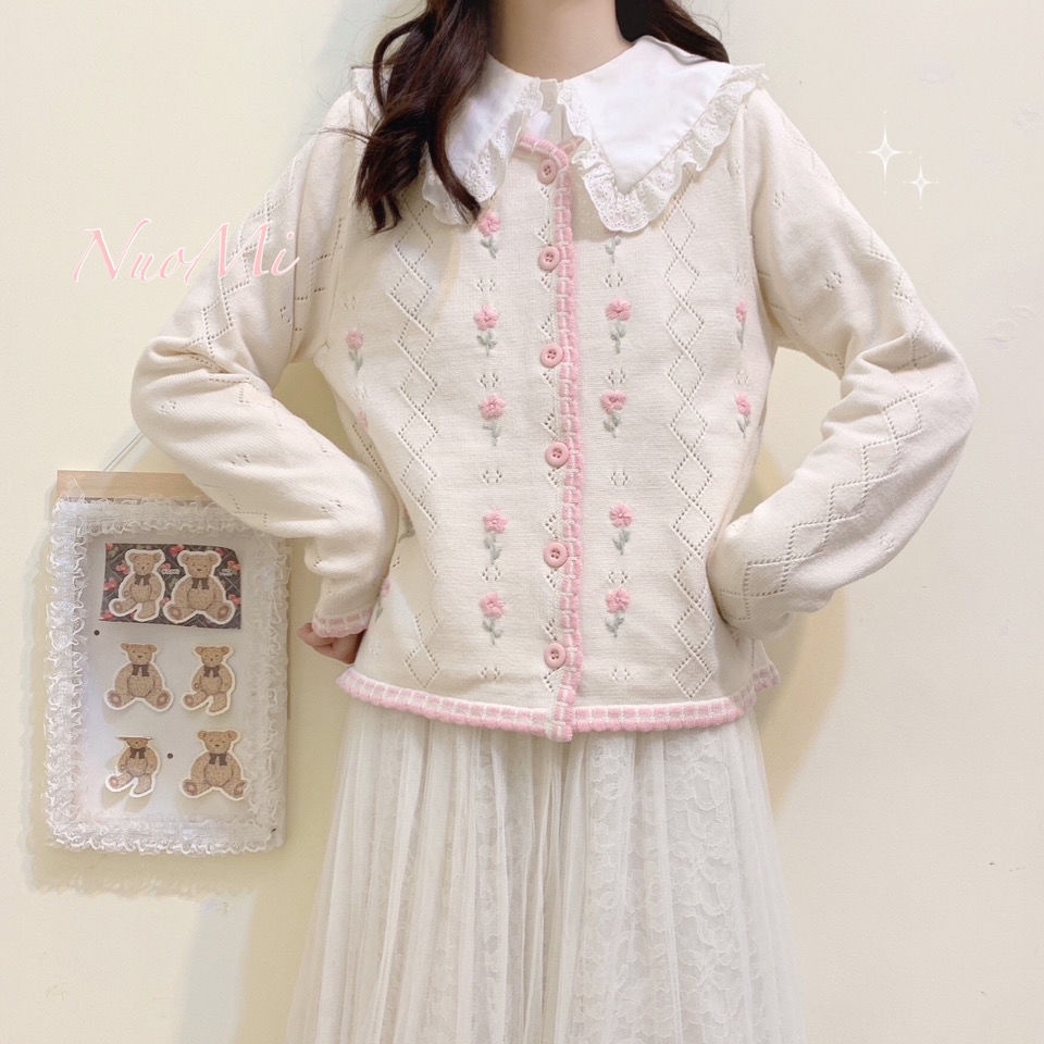 Jiashucheng Áo Khoác Cardigan Dệt Kim Thêu Hoa Màu Hồng Dễ Thương Thời Trang Thu Đông Cho Bạn Gái