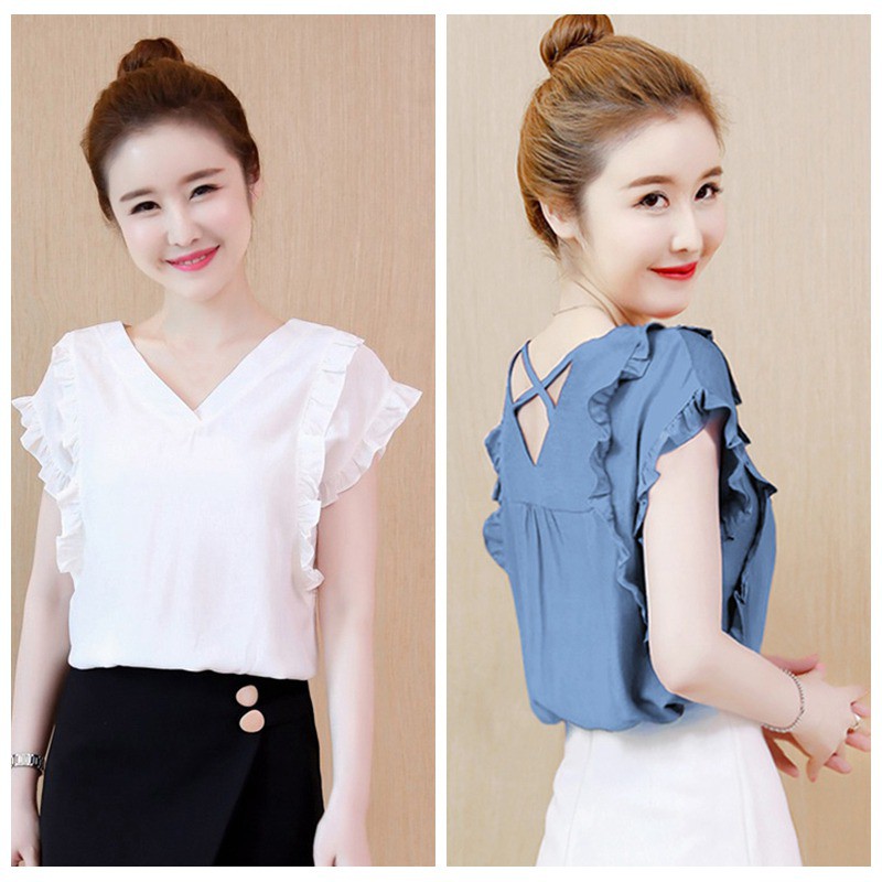 [Baywellfashion]Áo kiểu tay loe phối bèo màu trơn thiết kế cổ chữ V nữ tính | BigBuy360 - bigbuy360.vn