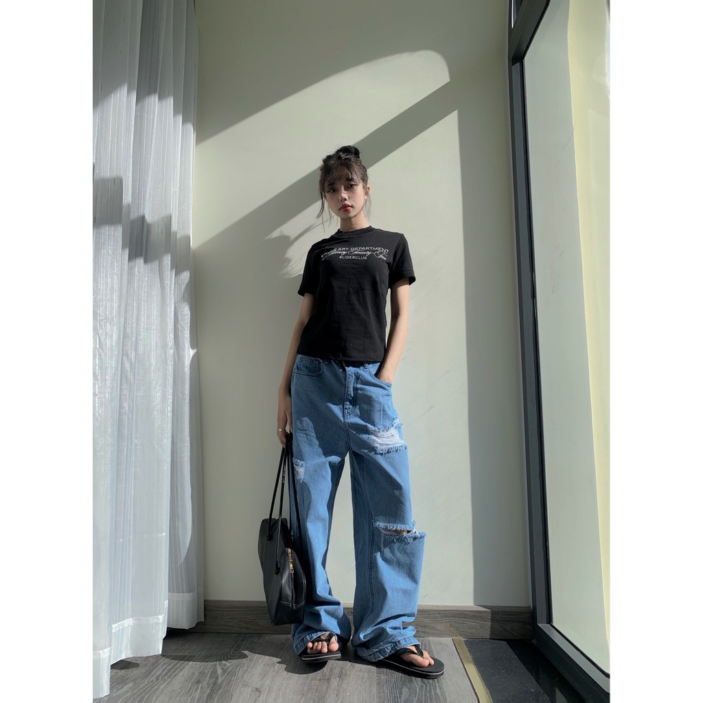 Quần Jeans Rách Ống Rộng Unisex LIDER CHARLIE RIPPED LOW-RISE JEANS - Light Blue