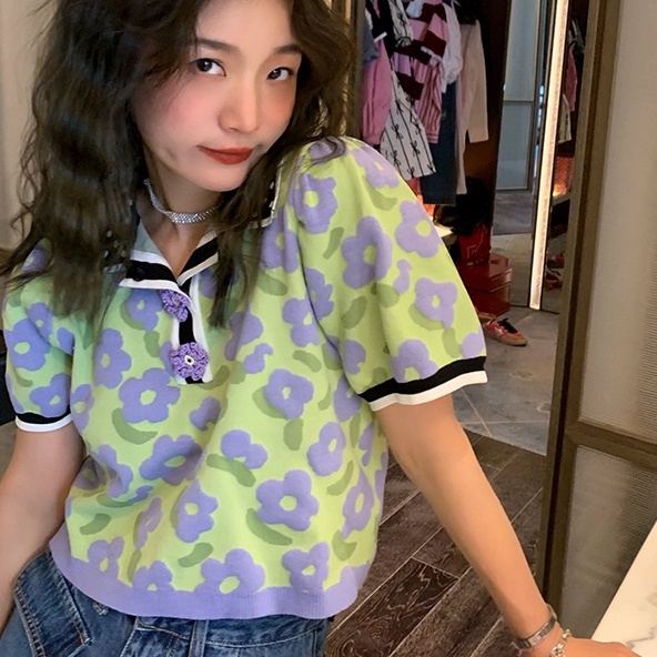 Áo thun polo ZHELIHANGFEI ngắn tay họa tiết hoa xinh xắn cho nữ
