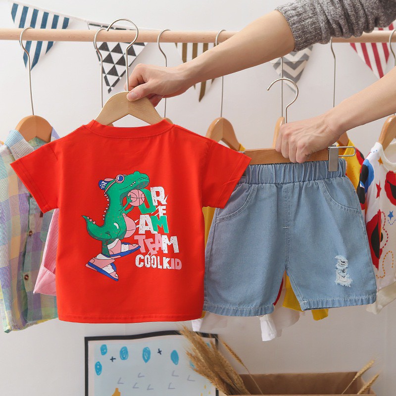 8-19kg Set áo phông khủng long + quần bò cho bé trai cực chất