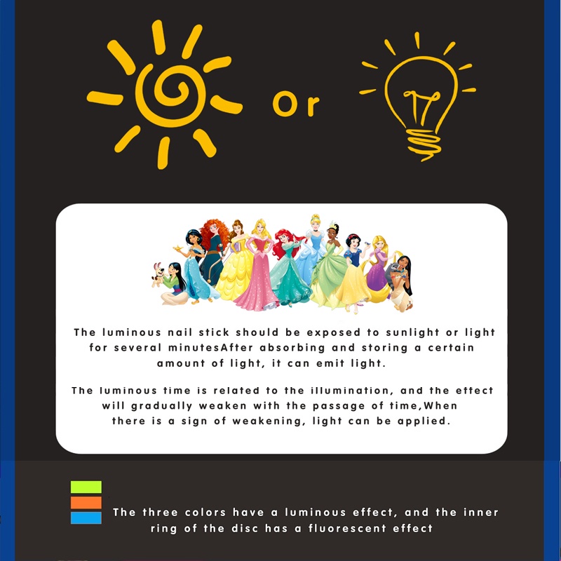 Miếng dán trang trí móng tay chủ đề công chúa Disney màu dạ quang dễ thương cho bé