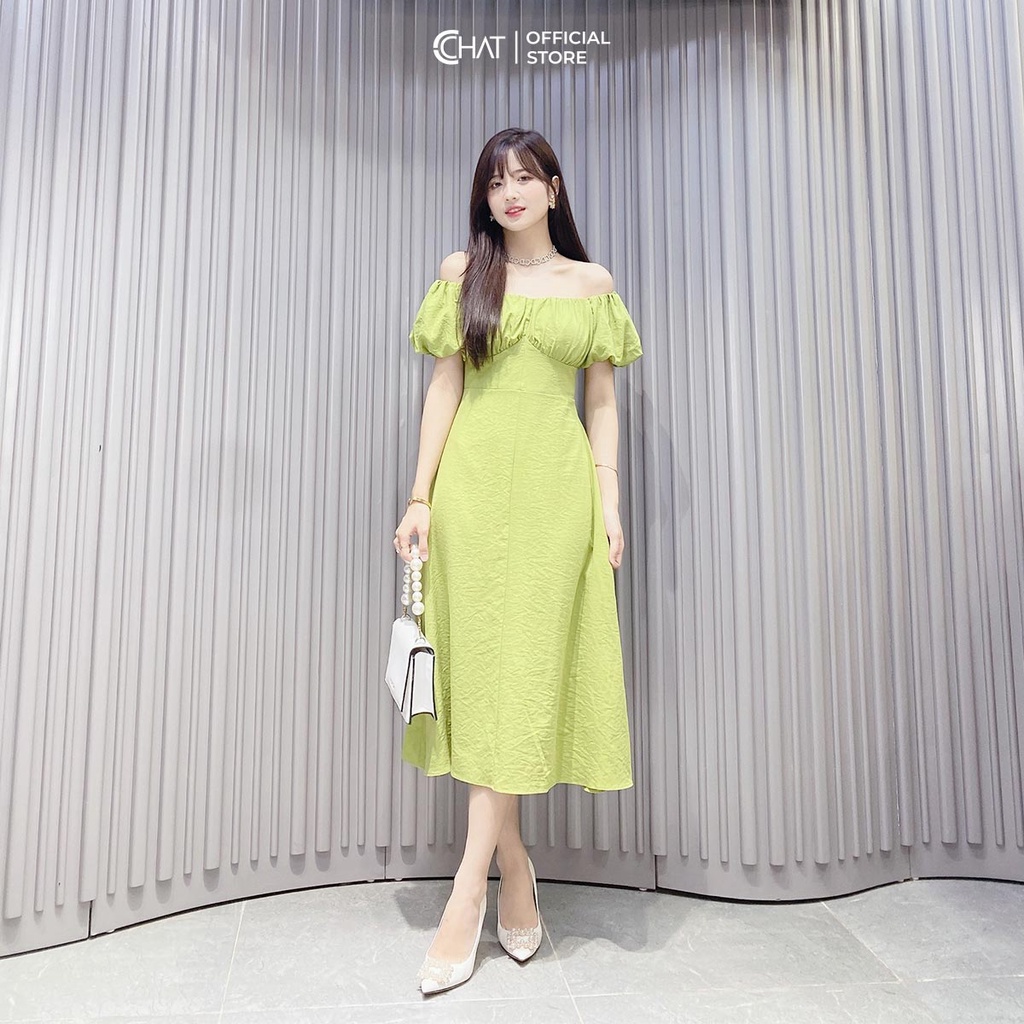 Đầm Nữ 𝐂𝐂𝐇𝐀𝐓 Trễ Vai Nhúm Ngực Xòe Chất Đũi Mềm Mát Phong Cách Trẻ Trung Thanh Lịch 12VND2041XT