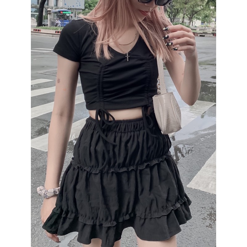 Áo croptop tay ngắn thun rút ngực
