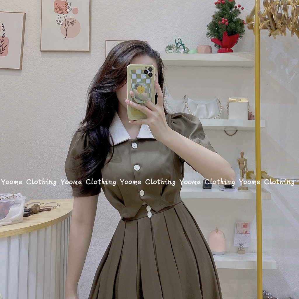 Set áo chân váy xếp ly dài áo croptop chân váy ly phối khuy lưng chun co giãn yoome clothing