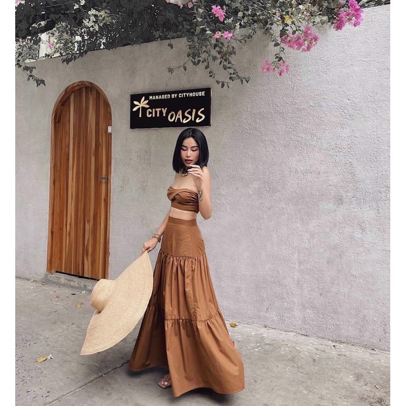 [KA01] Set Áo Ống Croptop Xoắn Ngực Kèm Chân Váy Maxi Tầng - Vải Kate - 2 Màu Kem, Nâu - Dành Cho Nàng Đi Biển, Đi Dạo