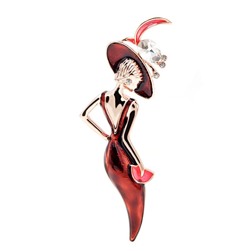 Ghim cài áo kiểu cô gái đội nón vành to thanh lịch thời trang dành cho nữ