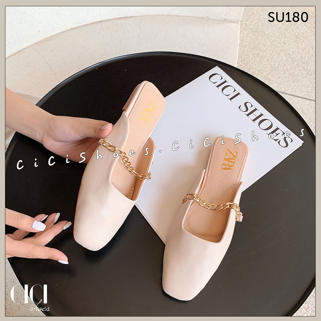 Dép sục nữ CiCi Shoes mũi vuông, sục da lì xích ngang - SU180