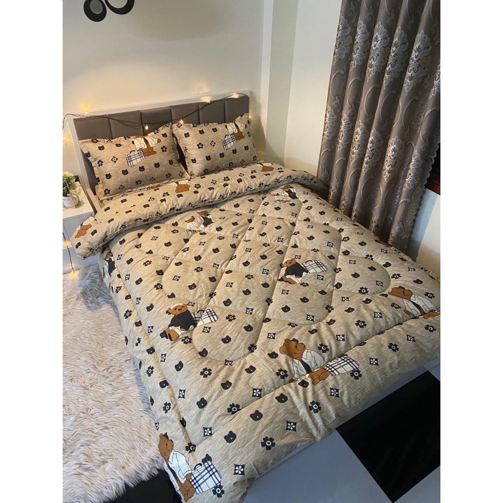 Bộ chăn ga gối gấu hoa nâu cotton poly, set chăn ga gối gấu hoa nâu cotton poly miễn phí bo chun ga giường