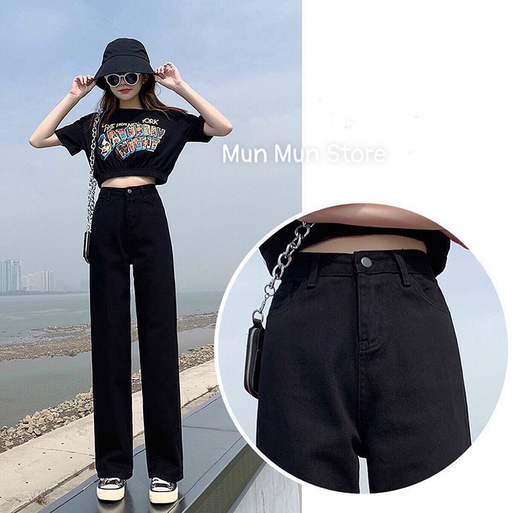 Quần Jean Nữ MunMunStore Simple Jeans Lưng Cao Dáng Suông Ống Rộng Ulzzang ( Màu đen trắng )