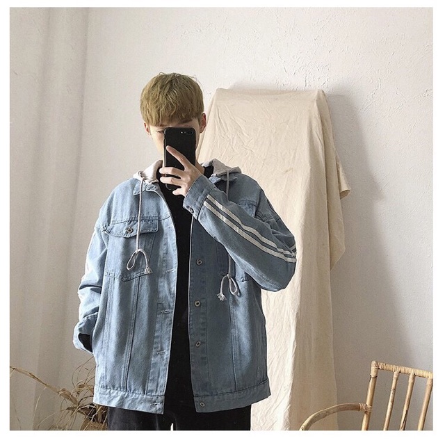 Áo khoác jean nam nữ Sọc đôi trắng tay áo và nón nỉ đẹp Hàn Quốc hàng loại 1 BB0404