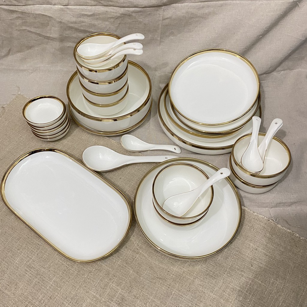 Bát đĩa trắng viền vàng, tô dĩa bằng sứ, bộ đồ bàn ăn: 6.40