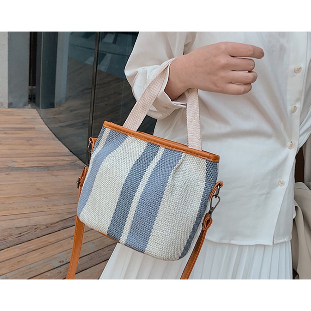 Túi xách vải sọc thời trang xinh xắn_Ảnh Thật