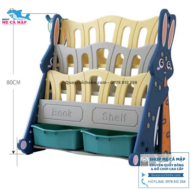 Kệ sách nhựa cho bé kèm 2 hộp đựng đồ hình thỏ đáng yêu, giá sách nhựa HDPE an toàn dày dặn mẫu mới 2023
