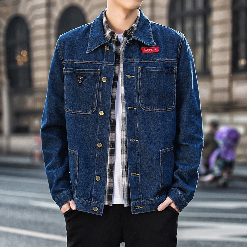 Men Spring Casual Simple Pockets Loose Denim Jacket For Men Long Sleeve Turn Down Basic Jean Jacket