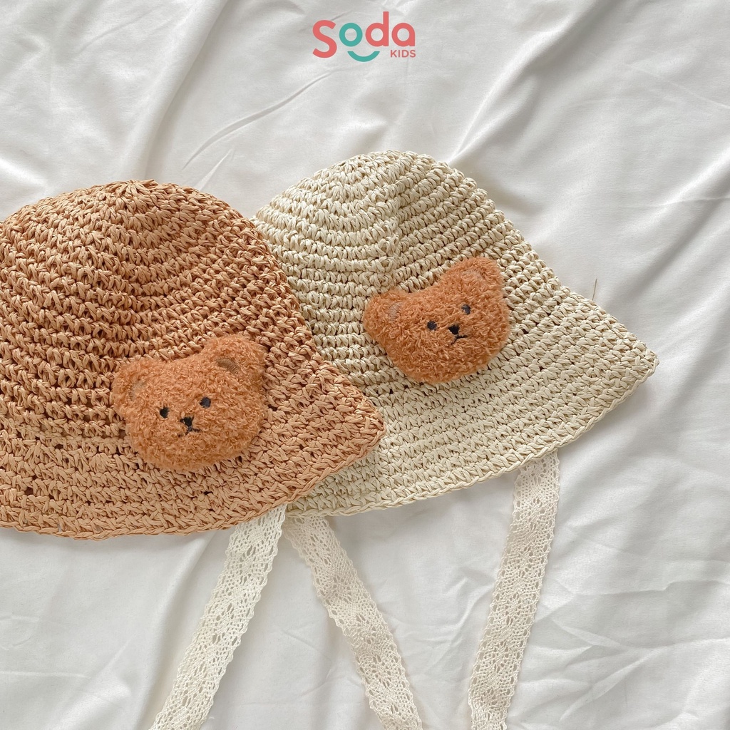 Mũ cói trơn buộc dây đính gấu nâu 9-24m