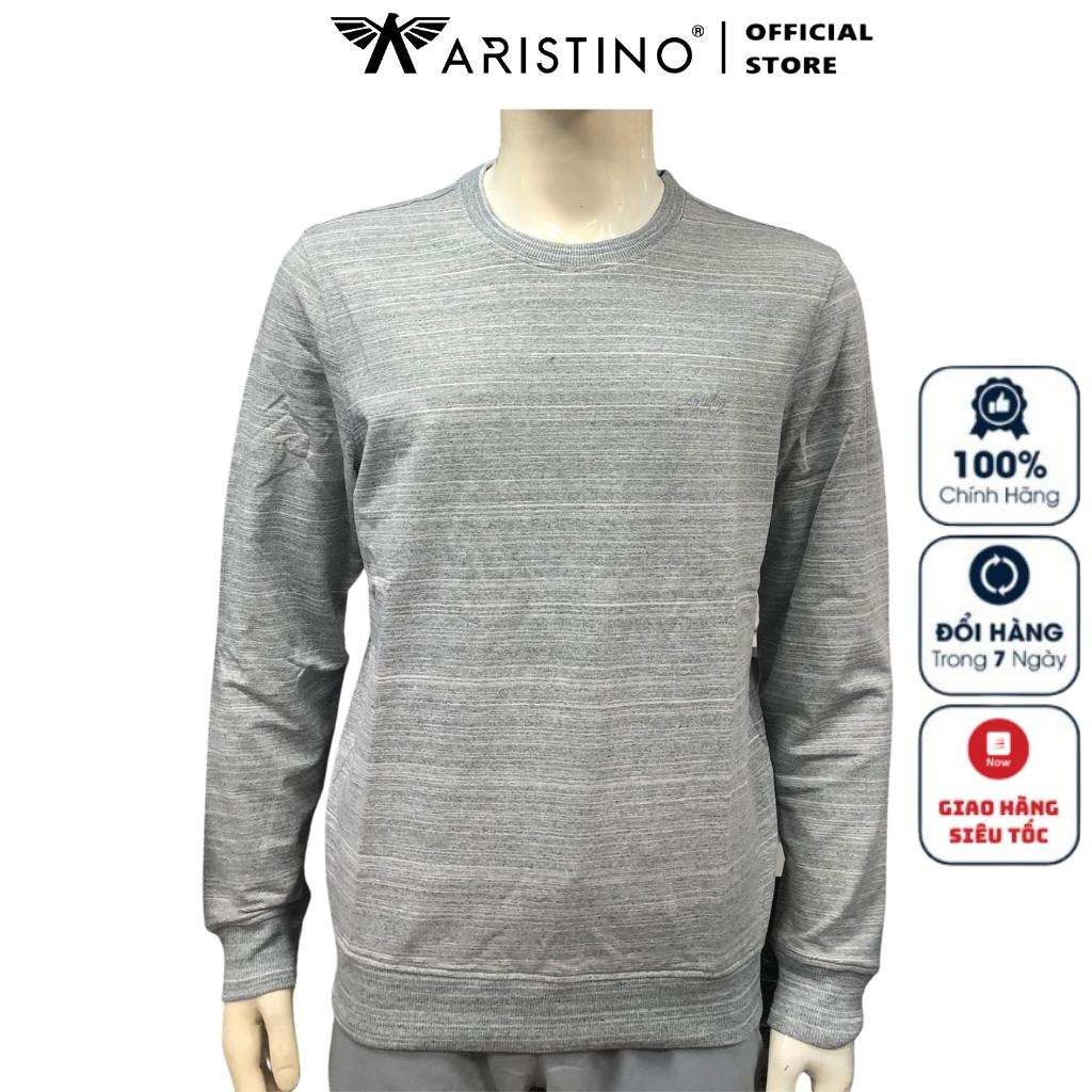Áo Thun Thu Đông Dài Tay Nam Aristino ASWR02 Màu Xám Xược Ngang Trắng Chất Cotton Cao Cấp dáng Regular Fit Cổ Tròn Bo Ta