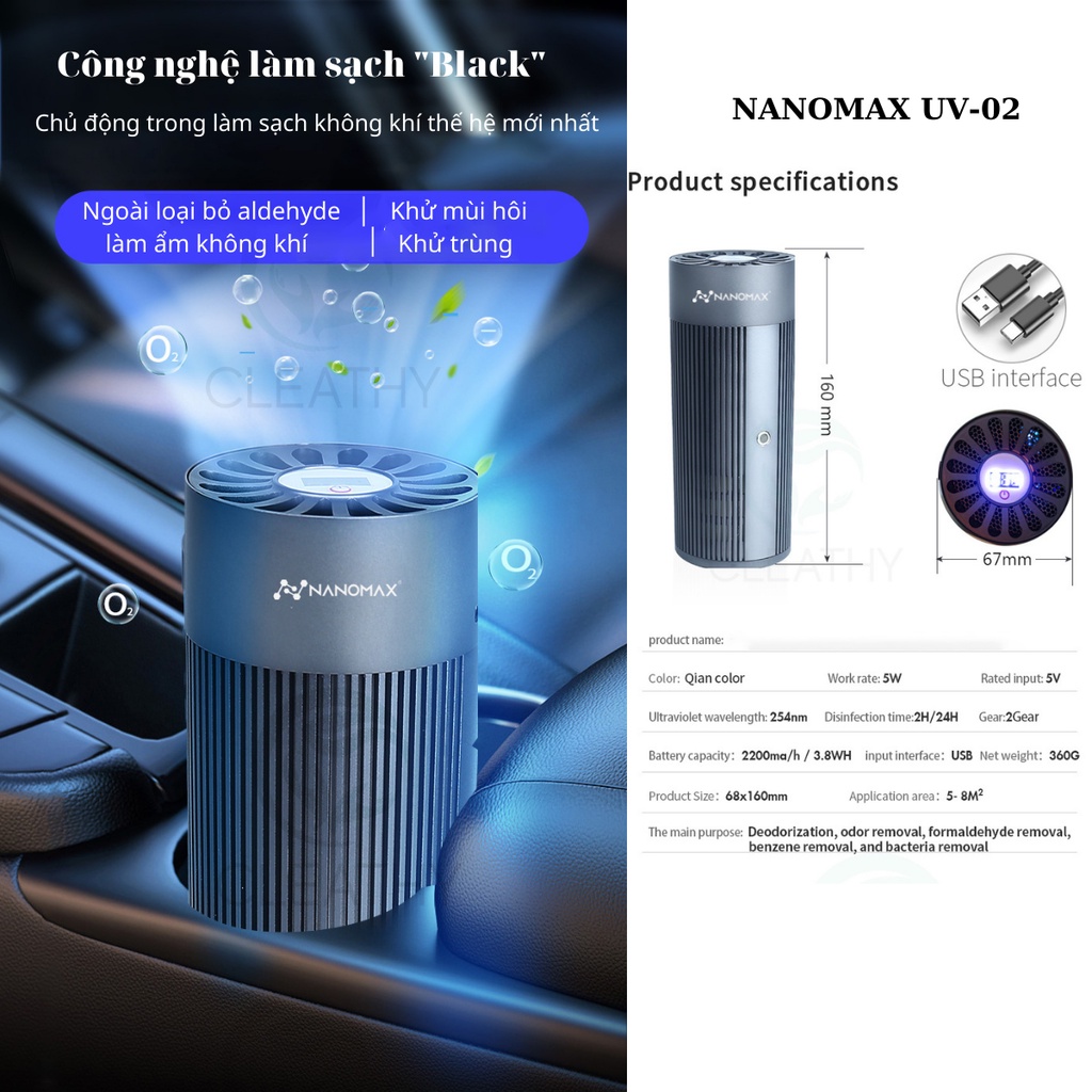 Máy Lọc Không Khí Ô Tô Nanomax Uv-02, Lọc Bụi Mịn, Khử Mùi, Uv Khử Khuẩn Công Nghệ Black Mới Nhất, Màn Hình Cảm Ứng, 12t