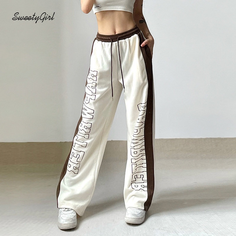 Quần Dài Thể Thao Dáng Rộng In Chữ Phối Màu Tương Phản Thời Trang 2022 Cho Nữ