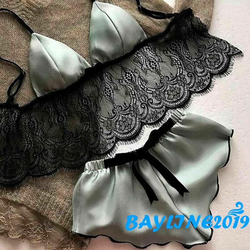 Set Đồ Lót 2 Món Gồm Áo Lửng Hai Dây Và Quần Ngắn Phối Ren Màu Sắc Trơn Dành Cho Nữ