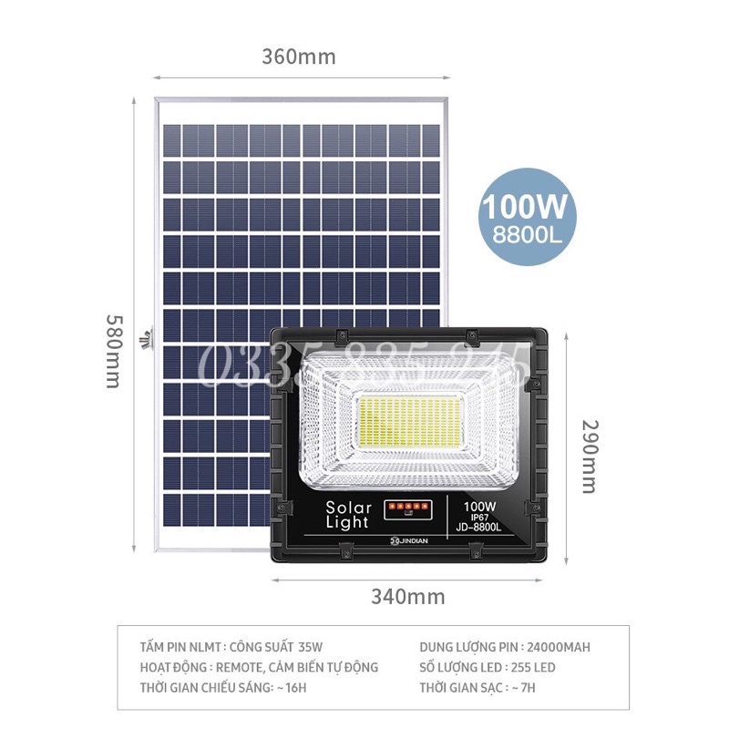 Đèn Năng Lượng Mặt Trời Chính Hãng JinDian Công Suất 25W- 300w Mẫu Mới, Khung Nhôm Nguyên Khối