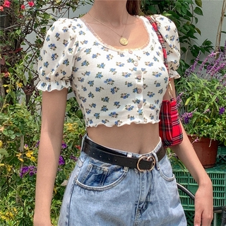 xia Áo Croptop Tay Phồng Phối Ren Đáng Yêu Hợp Thời Trang Cho Nữ